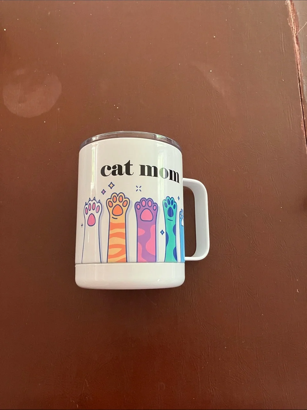 Cat Mom Insulated White Travel Mug with Multicolor Cat Paws